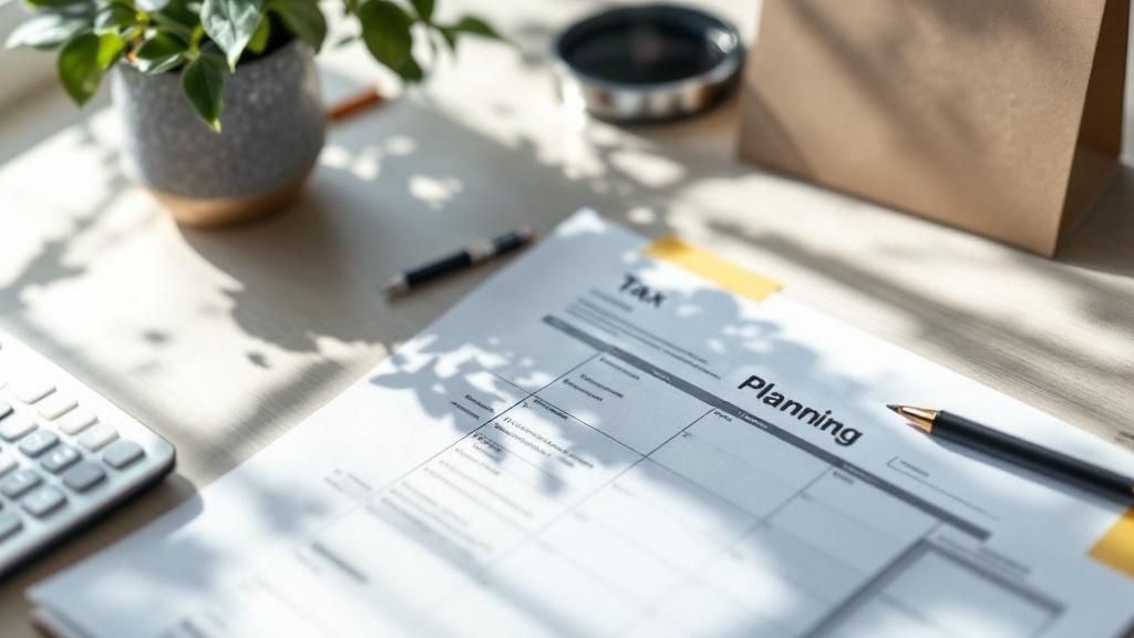 Desk with a tax planning worksheet, pen, and office supplies in natural light, symbolising preparation for the end of financial year.