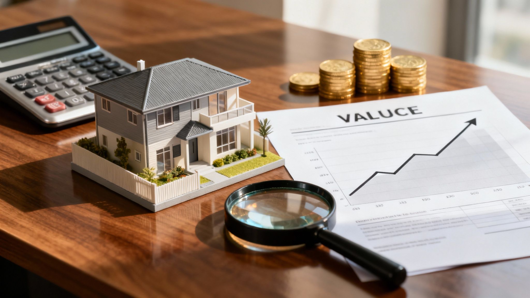 Calculator, coins, and a house model on valuation documents illustrating property revaluation for capital gain tax in Australia.