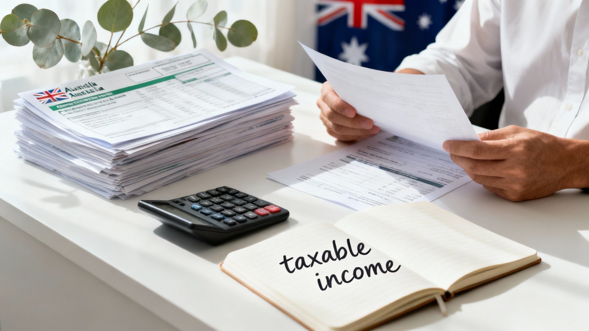 Person reviewing tax documents and calculations on a white desk with a notebook displaying 'taxable income'.
