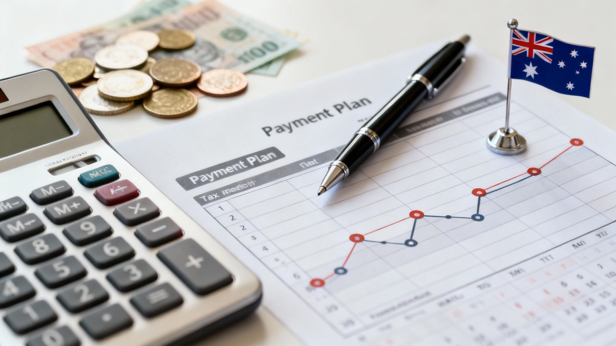 ATO payment plan guide showing tax documents, calculator, and coins illustrating how to manage tax debt with the Australian Taxation Office.