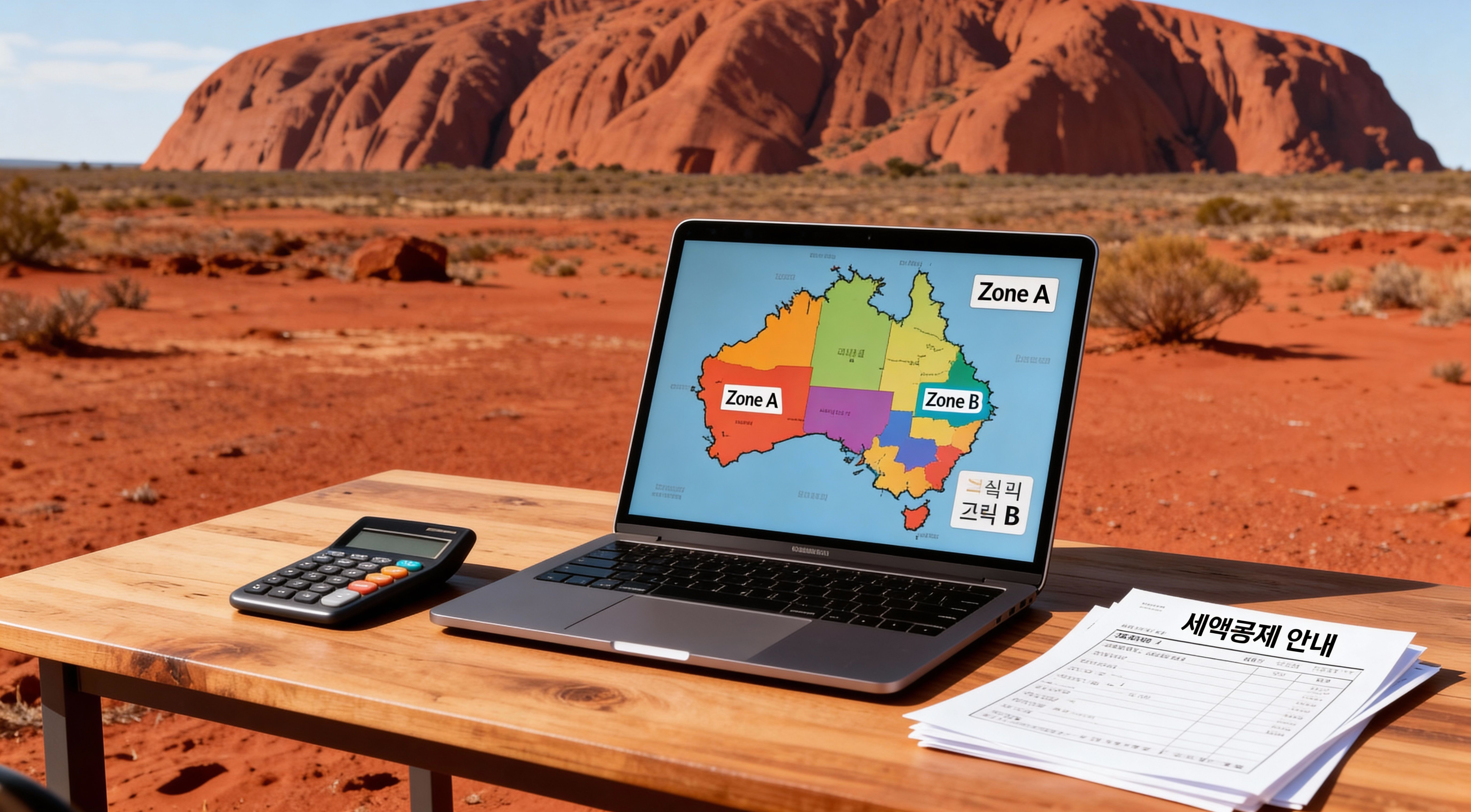 호주 외곽지역 거주자를 위한 Zone Tax Offset 세금 환급 가이드를 설명하는 지도와 노트북 이미지