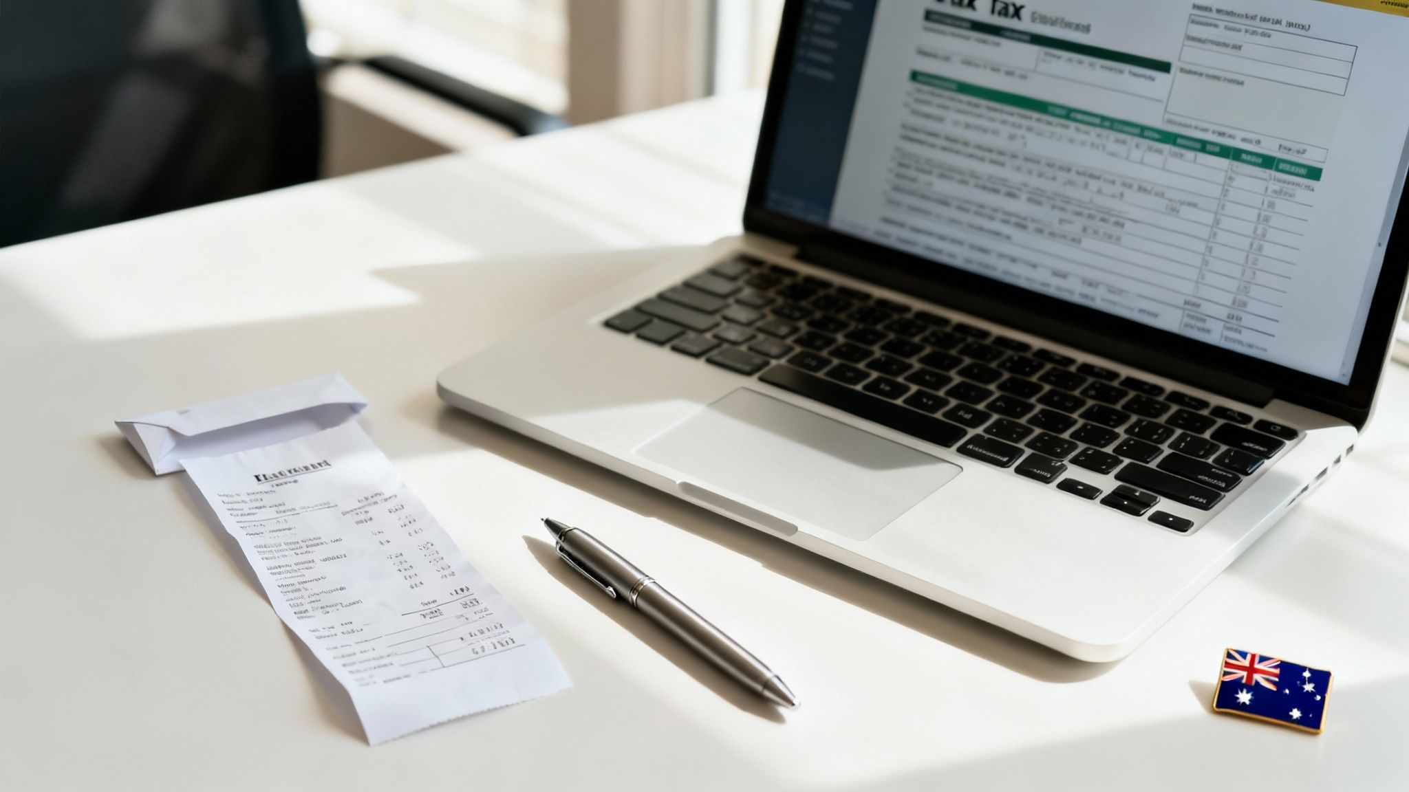 A laptop showing a tax form, a paper receipt, a pen, and an Australian flag pin on a white desk.