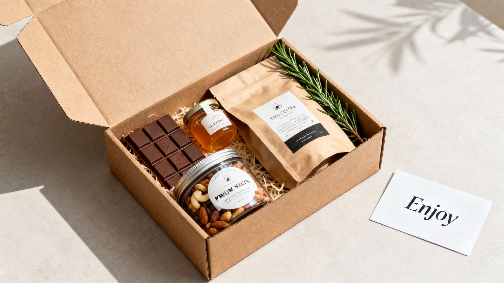 An open cardboard gift box containing a chocolate bar, honey, coffee, nuts, and rosemary.