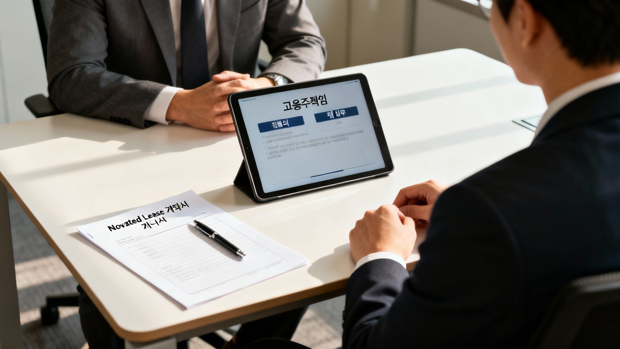 사업 회의 중 두 남자가 태블릿과 노베이티드 리스 서류를 검토하고 있다.