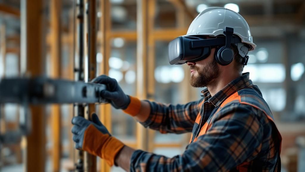 Construction worker using virtual reality headset and safety gear while inspecting a site