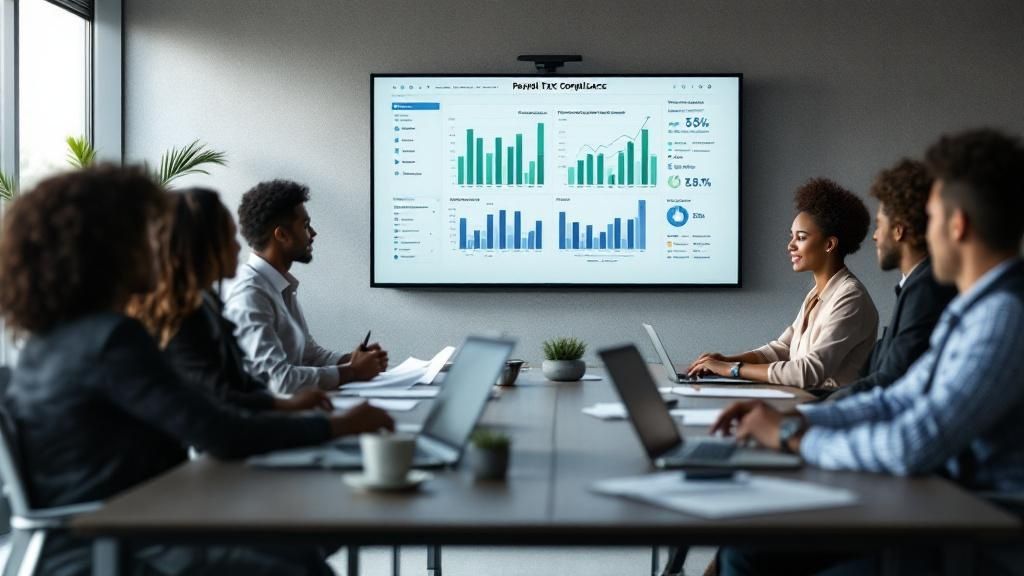 A team of professionals in a meeting room discussing payroll tax compliance data displayed on a screen.