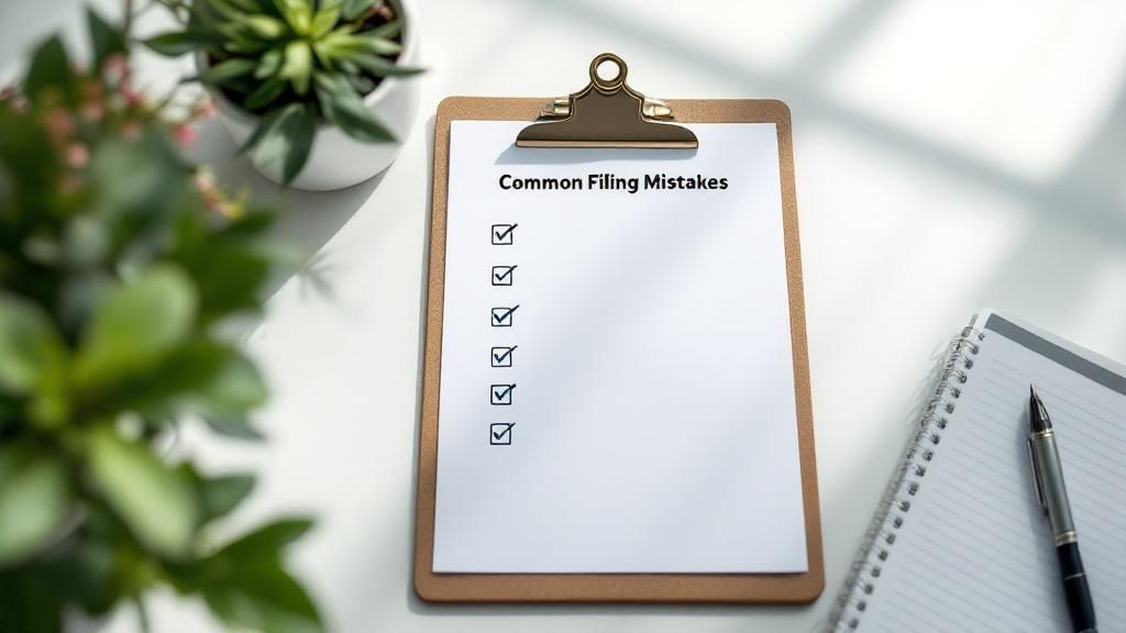 Checklist on clipboard titled "Common Filing Mistakes" with plants and notebook on a sunlit desk