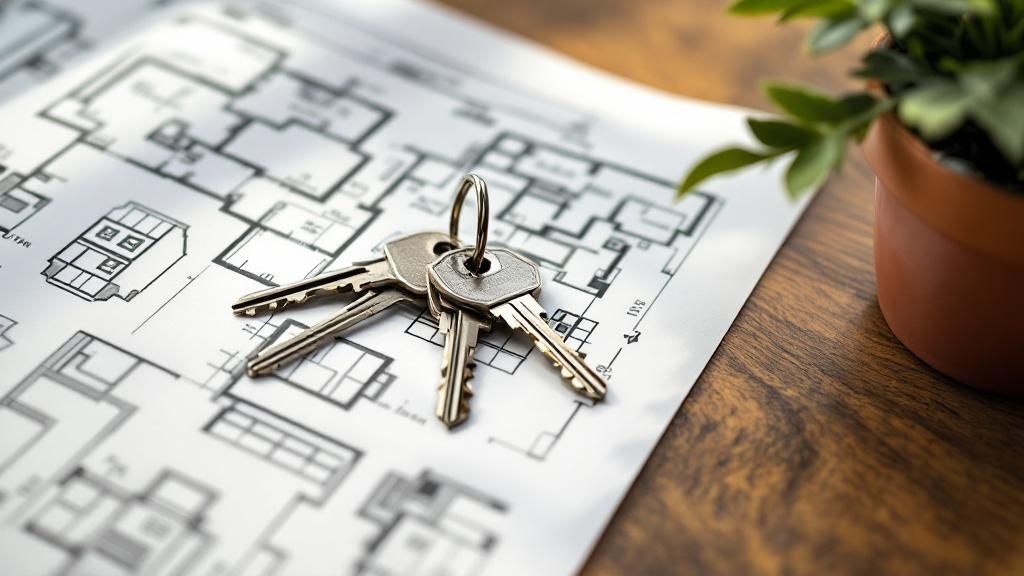 A set of house keys resting on an architectural floor plan, symbolizing inherited property ownership.