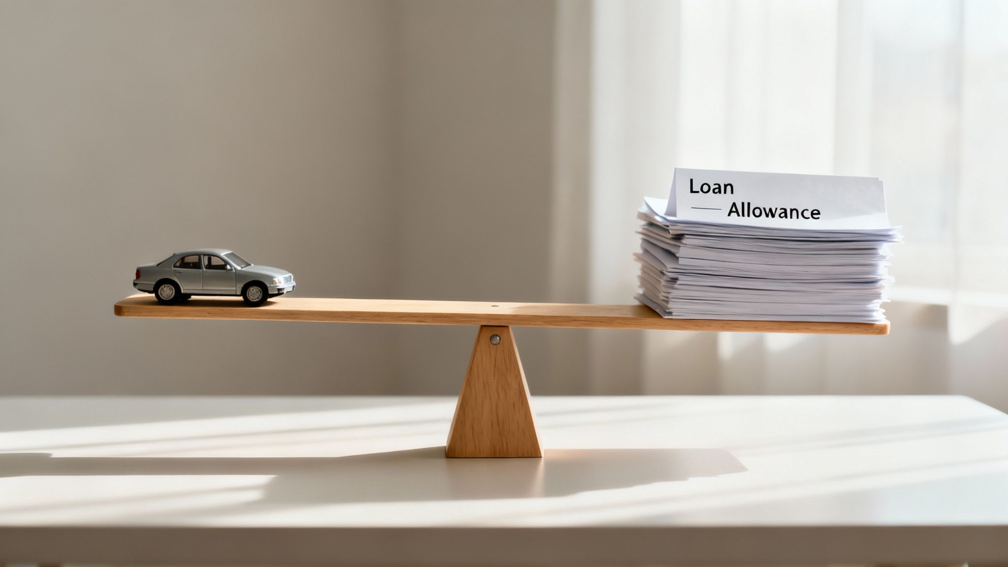 Silver toy car and 'Loan Allowance' papers balanced on a scale, symbolizing vehicle financing.