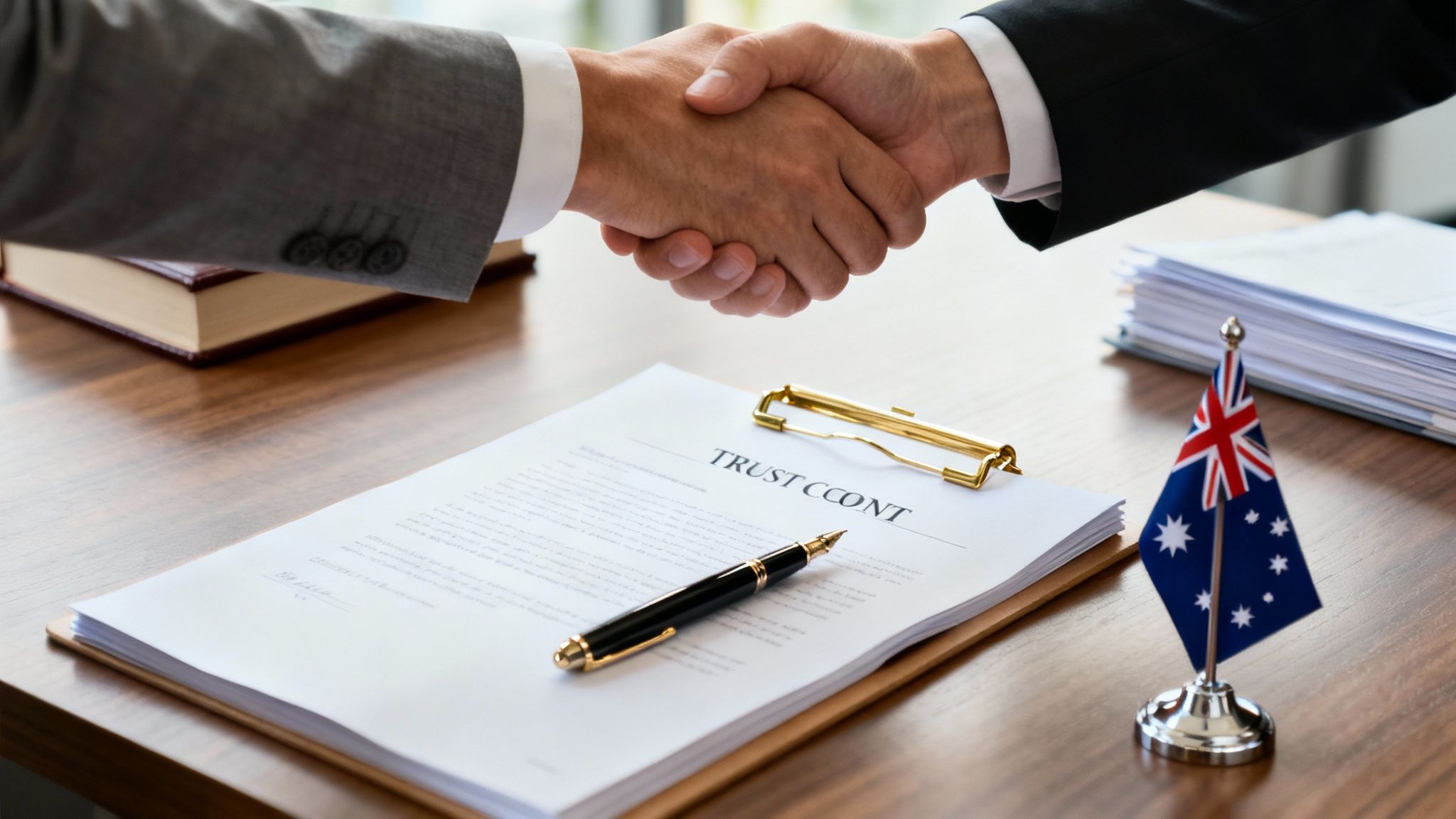 Setting up a trust in Australia illustrated with legal documents and a handshake, representing asset protection and tax planning