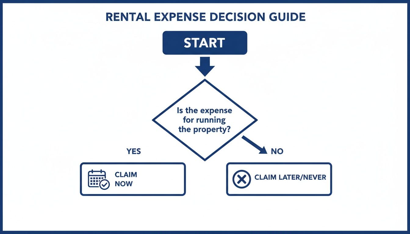 Flowchart titled 'Rental Expense Decision Guide' showing steps to claim an expense for a rental property.