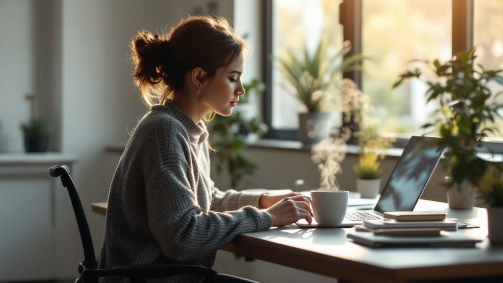 Woman working remotely at a laptop with a coffee mug in a home office setting