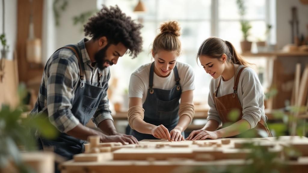 Three young apprentices working together on a woodworking project in a bright workshop