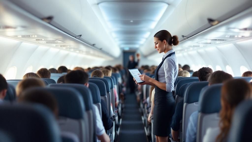 Flight attendant in uniform addressing passengers during a pre-flight cabin check inside an aircraft.