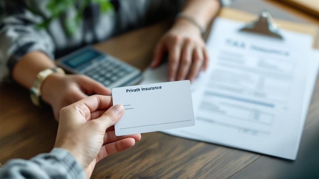 A close-up of a person holding a card labeled "Private Insurance" with a tax document and calculator in the background — illustrating the concept of the private health insurance tax offset.
