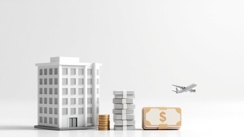 A 3D illustration of a commercial building, money stacks, and an airplane symbolizing international business and financial obligations