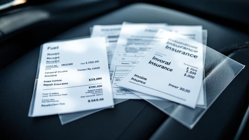 Close-up of printed car-related receipts including fuel and insurance documents on a car seat