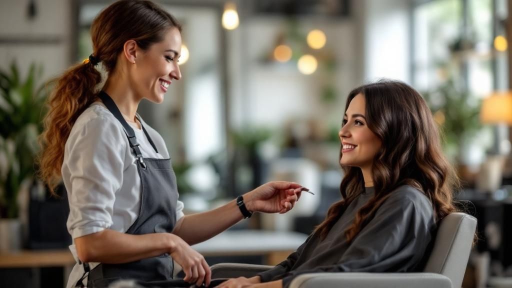 Smiling hairdresser consulting with a seated client in a salon