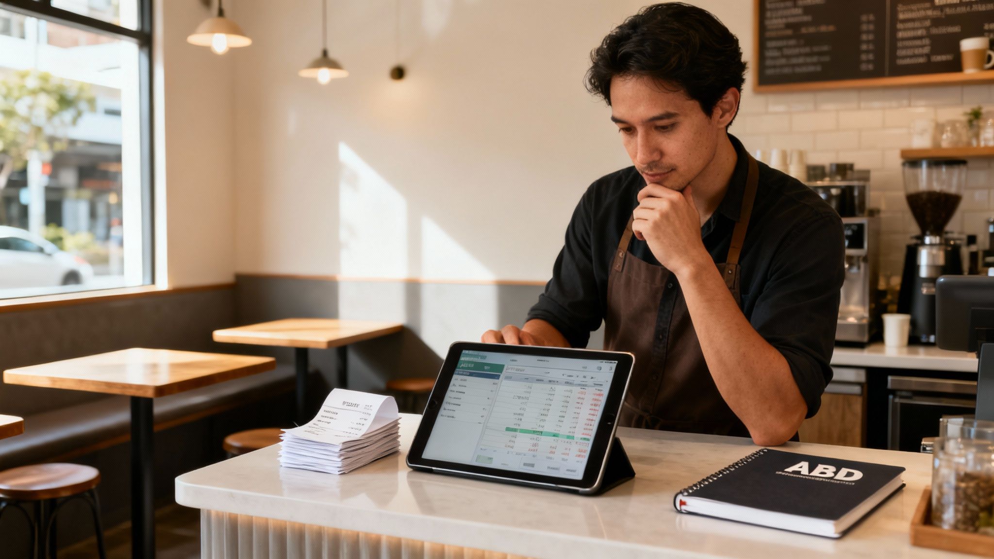 A cafe owner uses a tablet to review business finances with receipts nearby.
