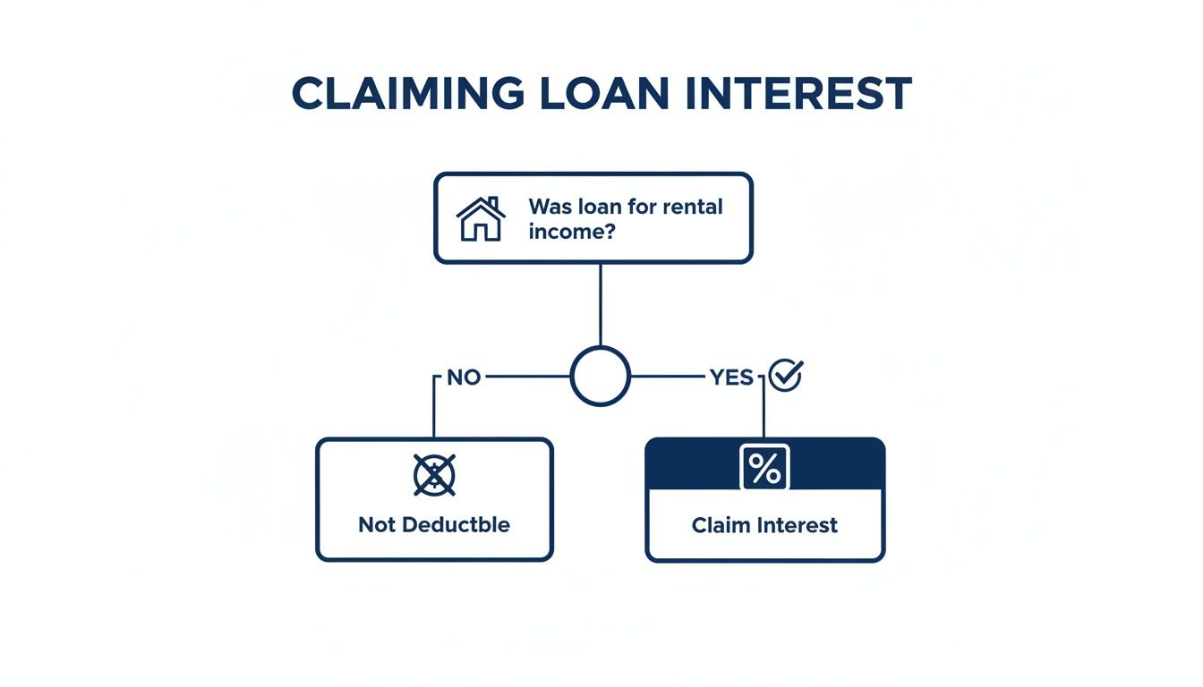 Decision tree on claiming loan interest: deductible if for rental income, otherwise not.