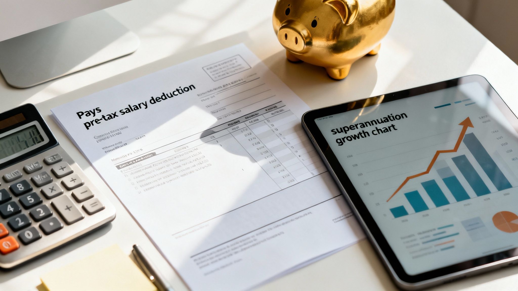 Financial planning desk with calculator, paperwork, and a tablet showing growth charts illustrating how to salary sacrifice into super in Australia.