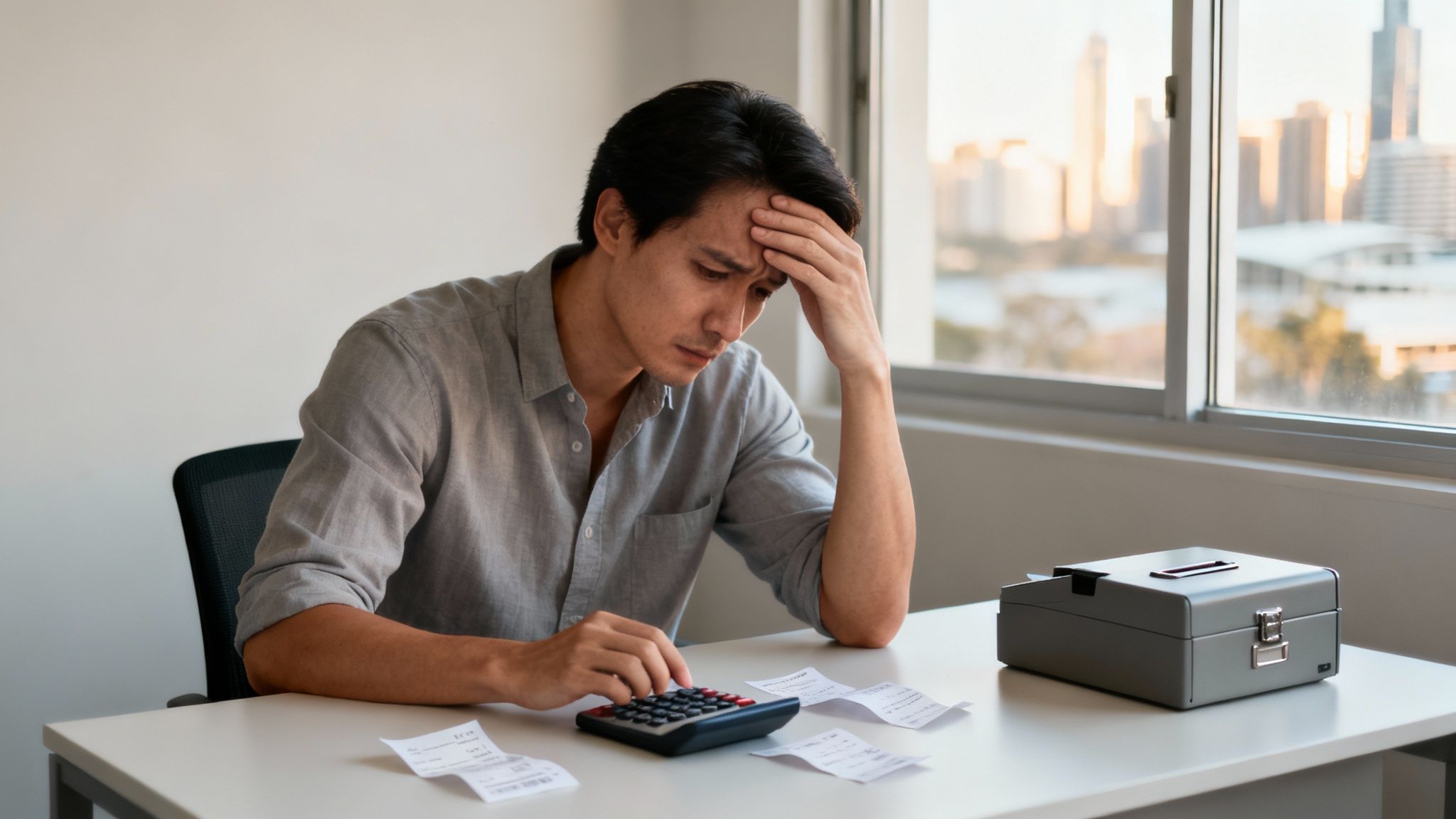 재정 문제로 고민하는 남자가 계산기와 영수증을 보며 앉아있는 모습