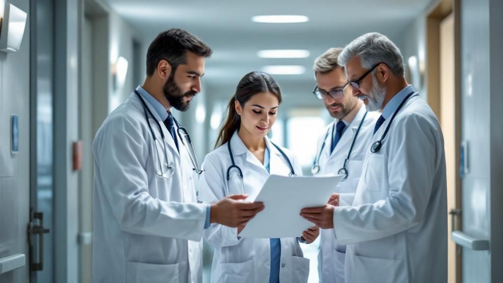 A group of doctors reviewing patient documents together in a hospital hallway
