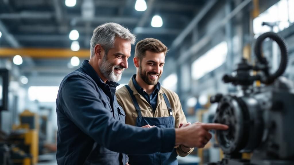 A senior engineer mentoring a young apprentice in an industrial workshop