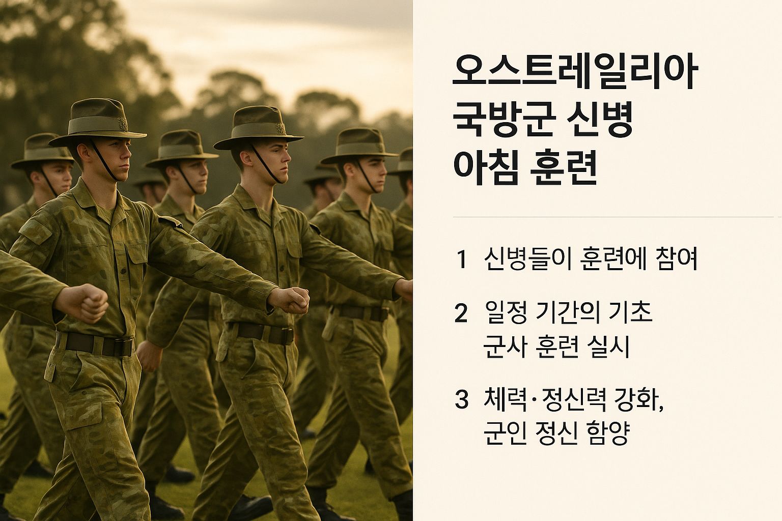 Australian Defence Force recruits in uniform participating in morning training exercises with an instructional banner beside them