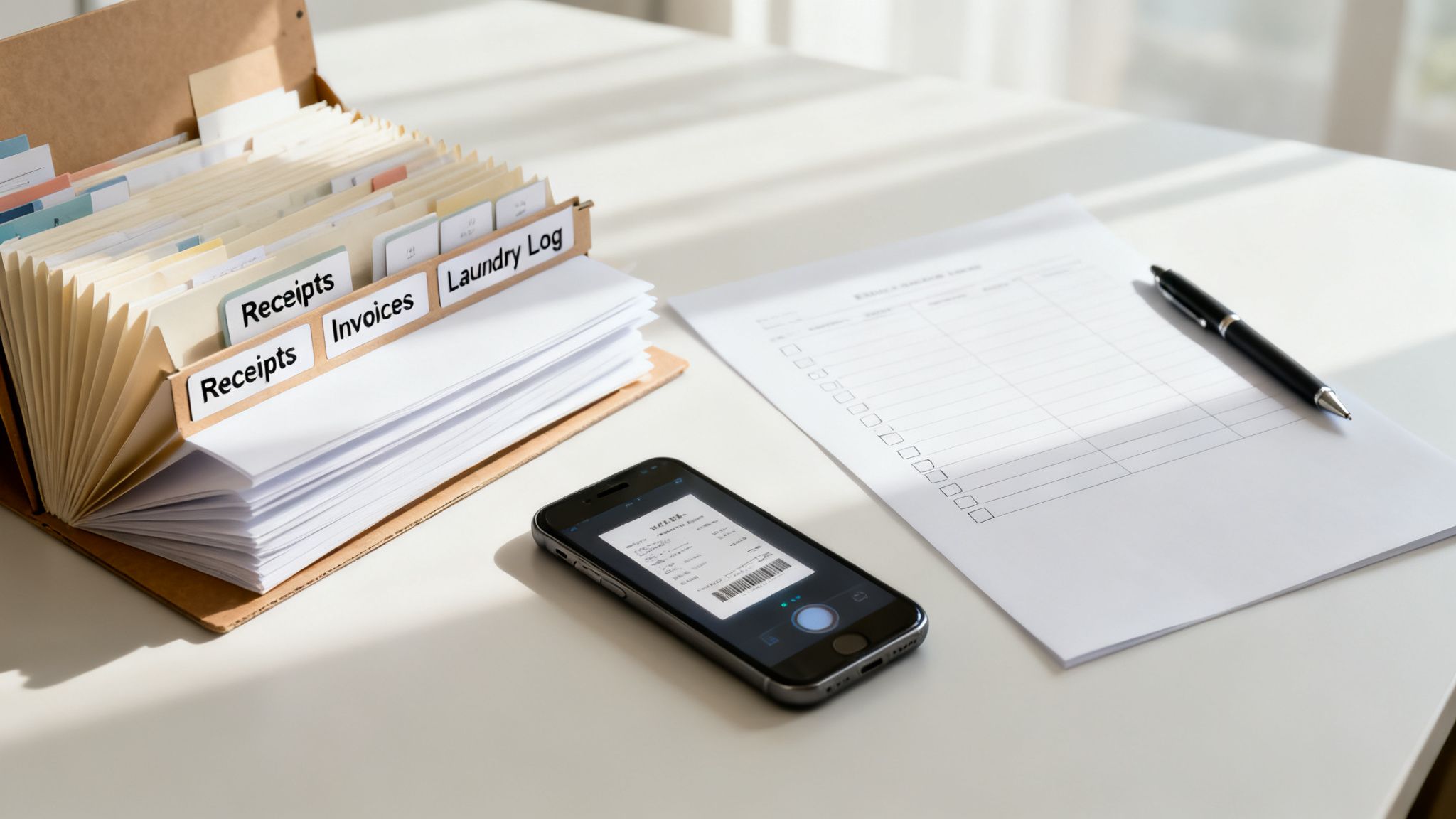 A desk setup for managing expenses with a file folder, smartphone scanning a receipt, and a blank form.