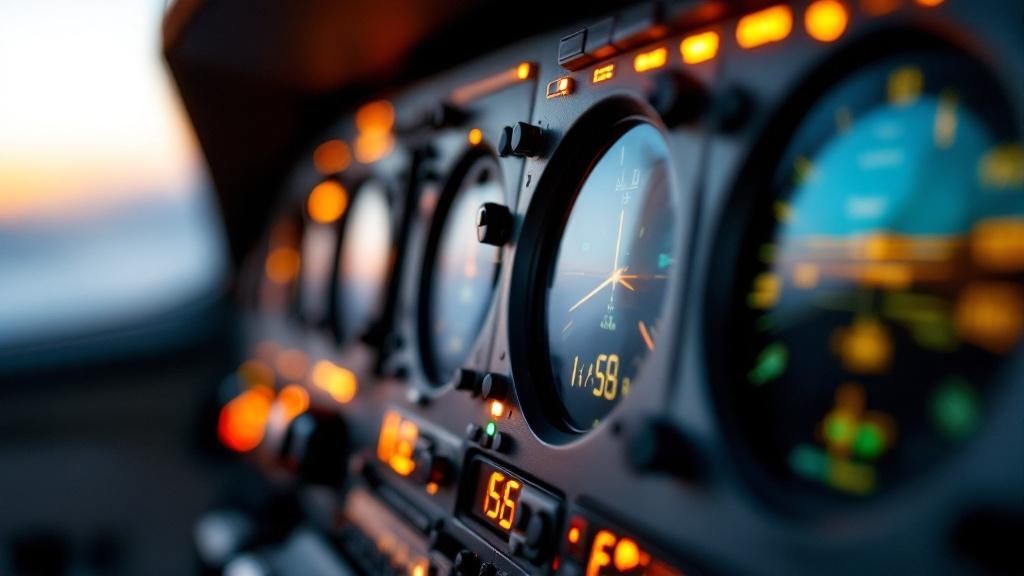 Close-up view of illuminated aircraft cockpit instruments and gauges in flight.