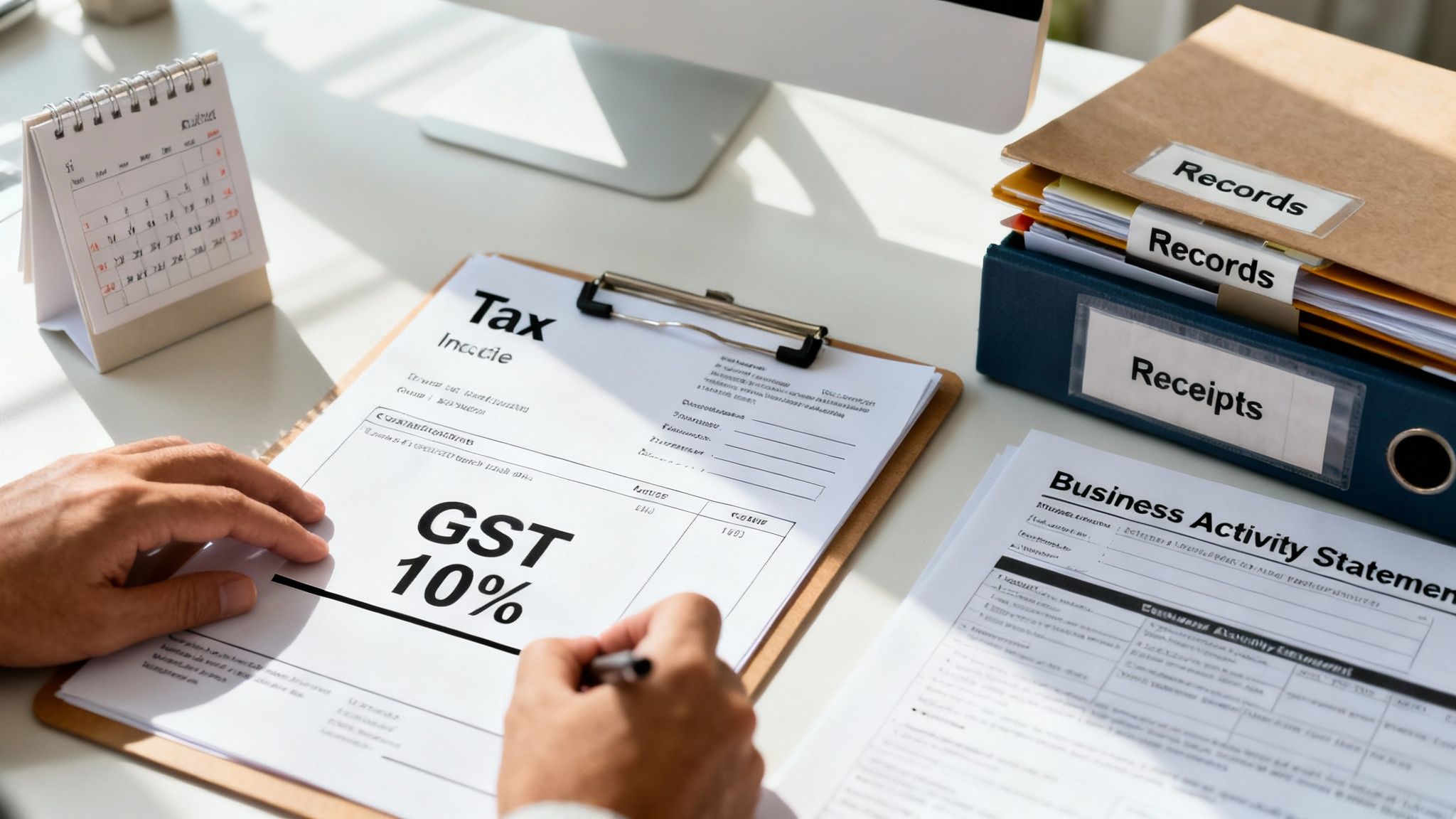 A person's hands filling out a tax form showing 'GST 10%', surrounded by financial documents and record binders.