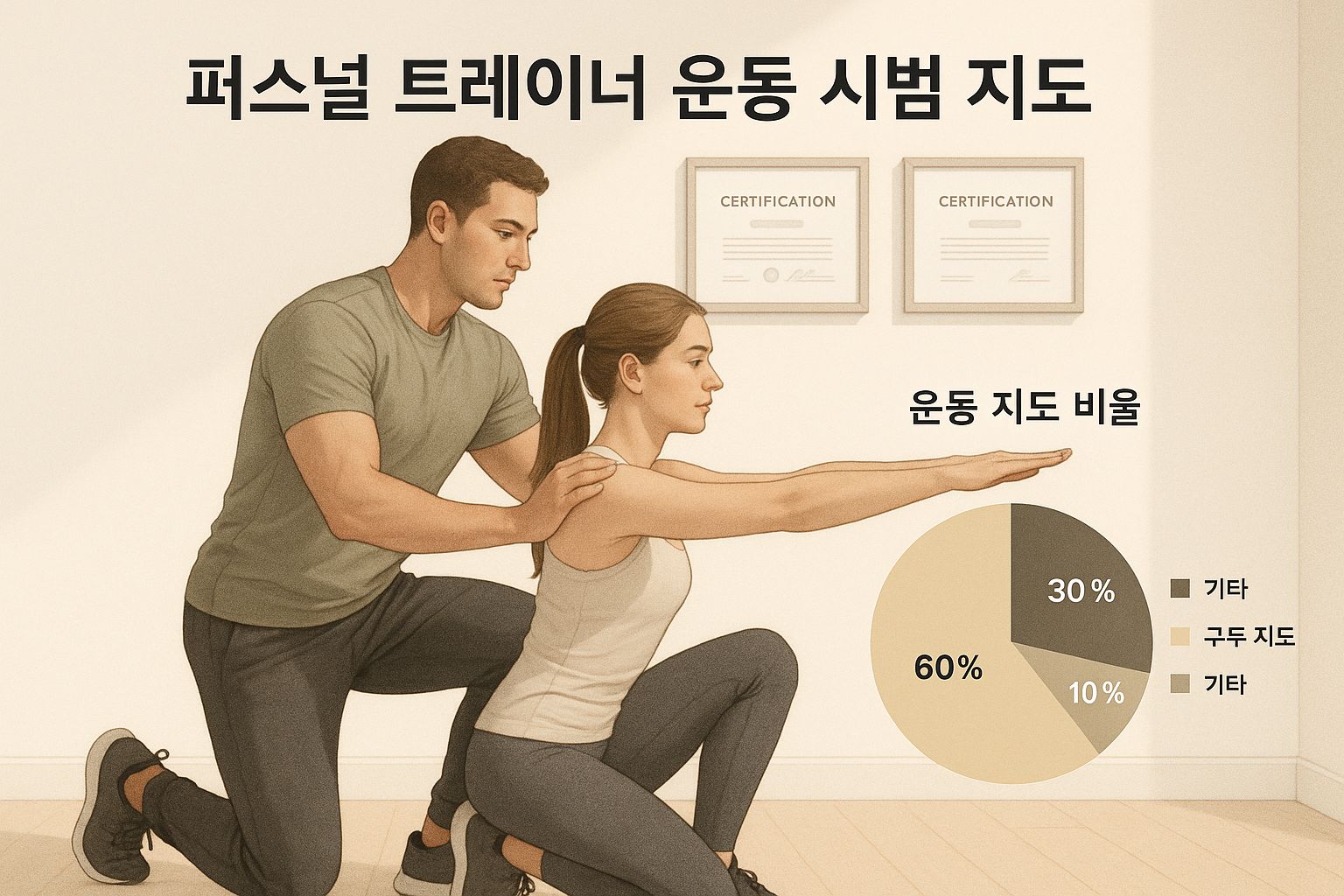Personal trainer guiding client during exercise with pie chart showing training distribution