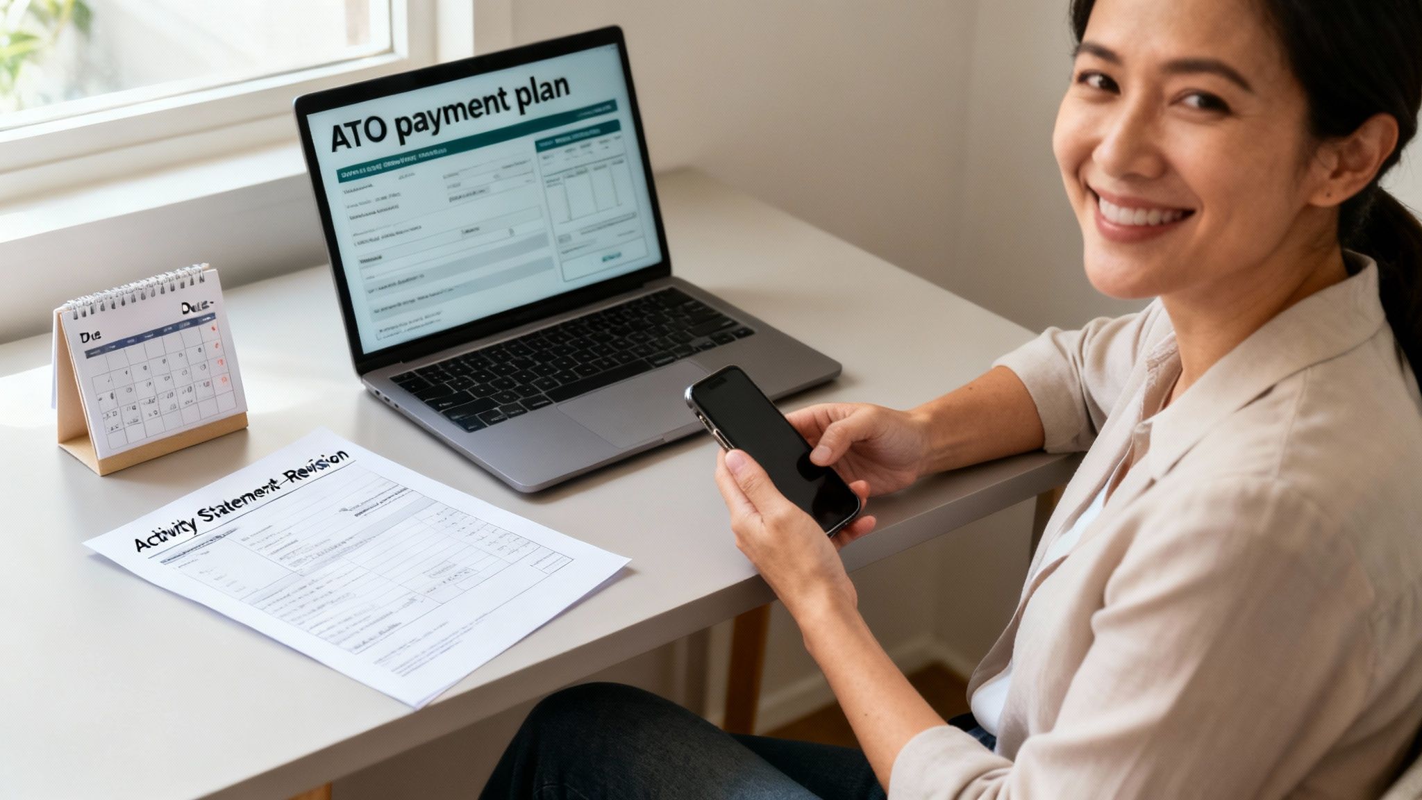 Smiling woman uses phone at desk with laptop showing ATO payment plan and financial documents.