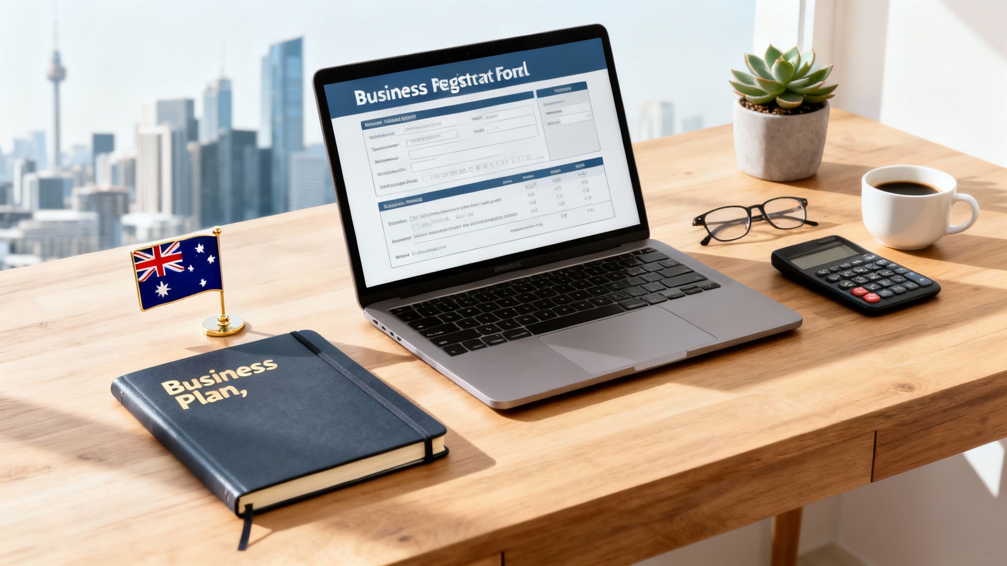 How to set up a business in Australia, showing a workspace with a laptop and business documents representing company registration and compliance steps.