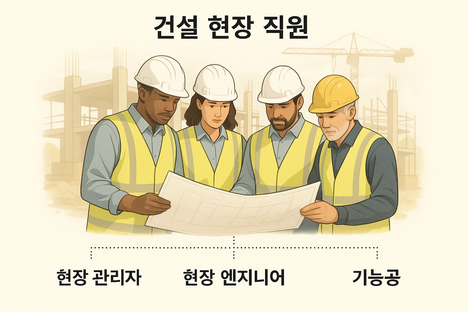 Construction site workers including manager, engineer, and laborer reviewing building plans together