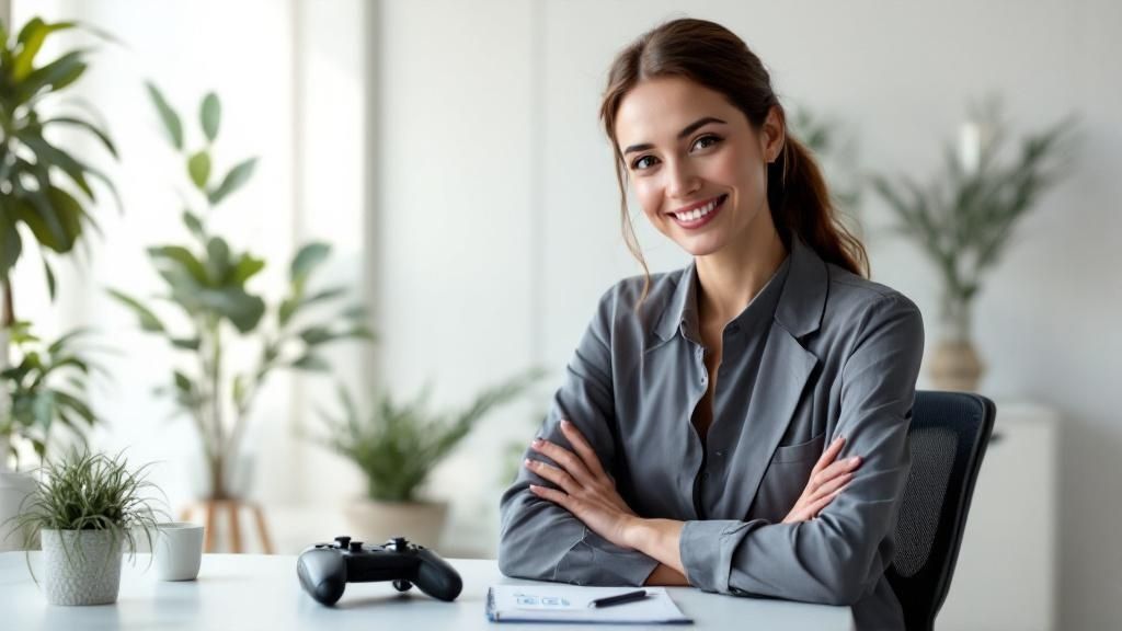Professional woman smiling at desk with game controller nearby