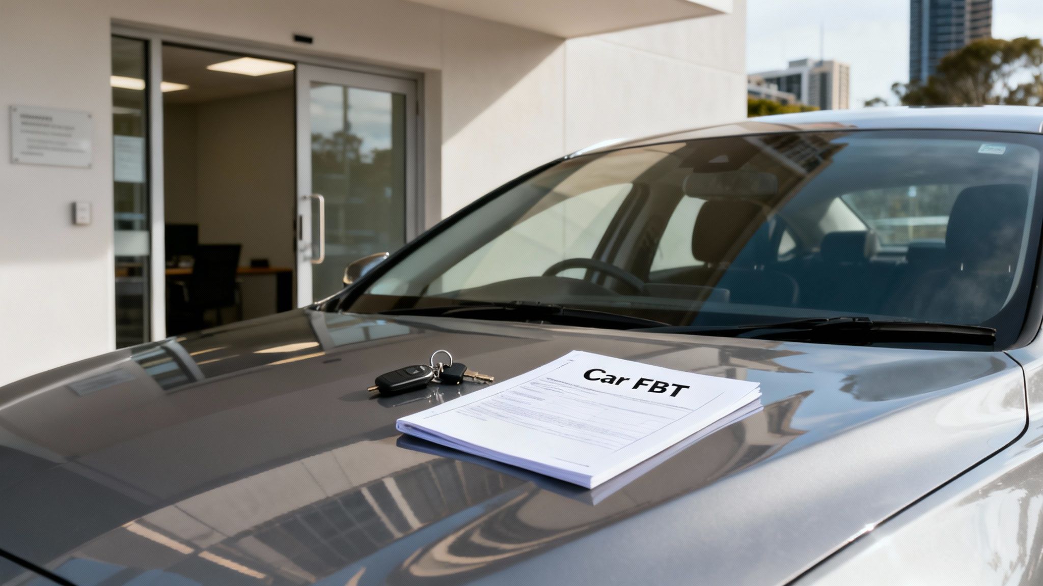 Car FBT documents and keys on a silver car's hood outside an office building.