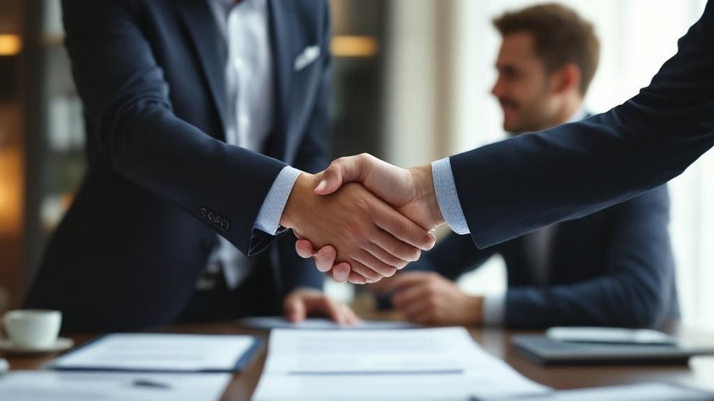 Two business professionals shaking hands in a formal meeting setting, symbolizing partnership and agreement.