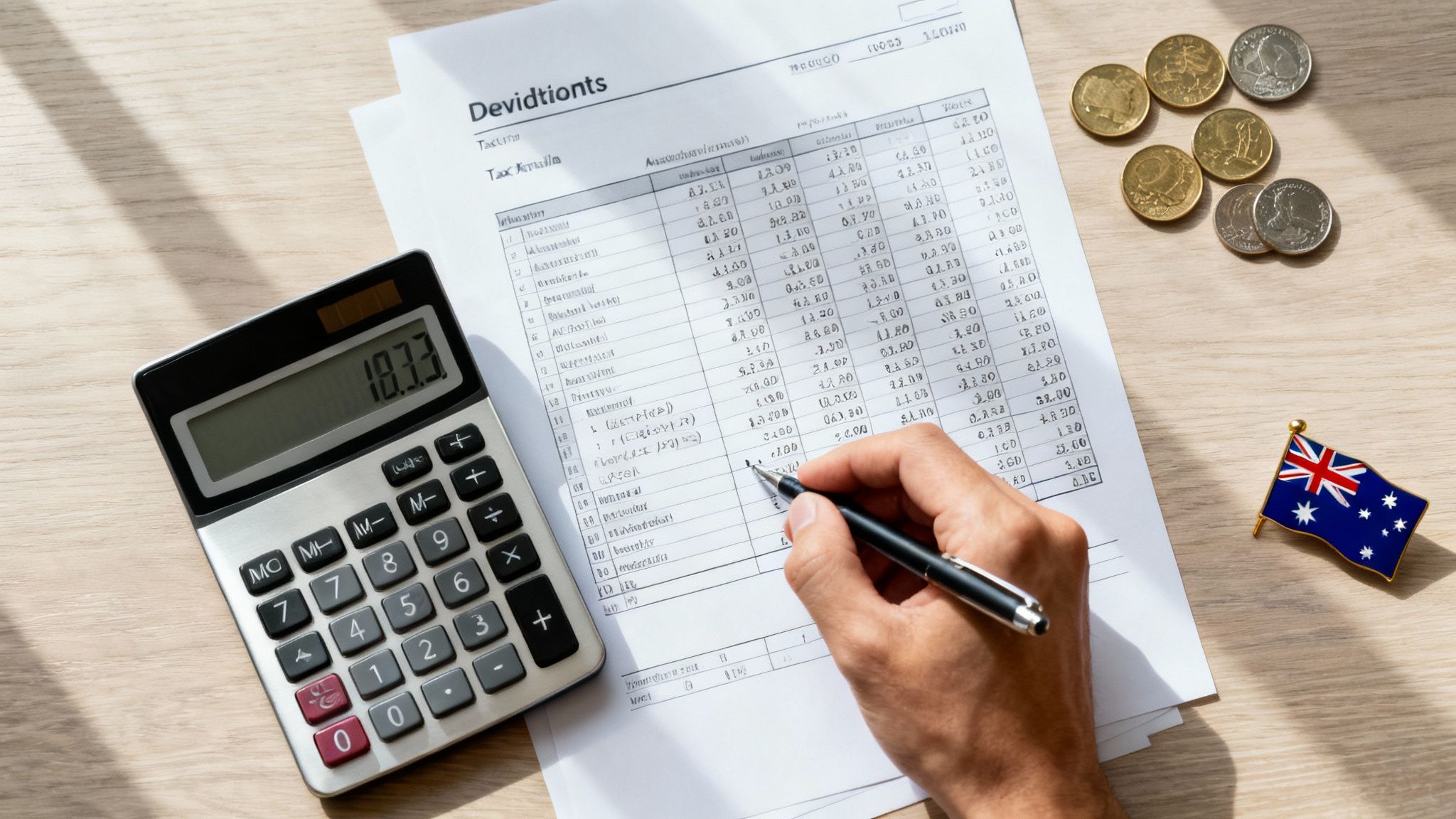 Calculator and financial documents illustrating how to calculate franking credits for Australian investors reporting dividend income.