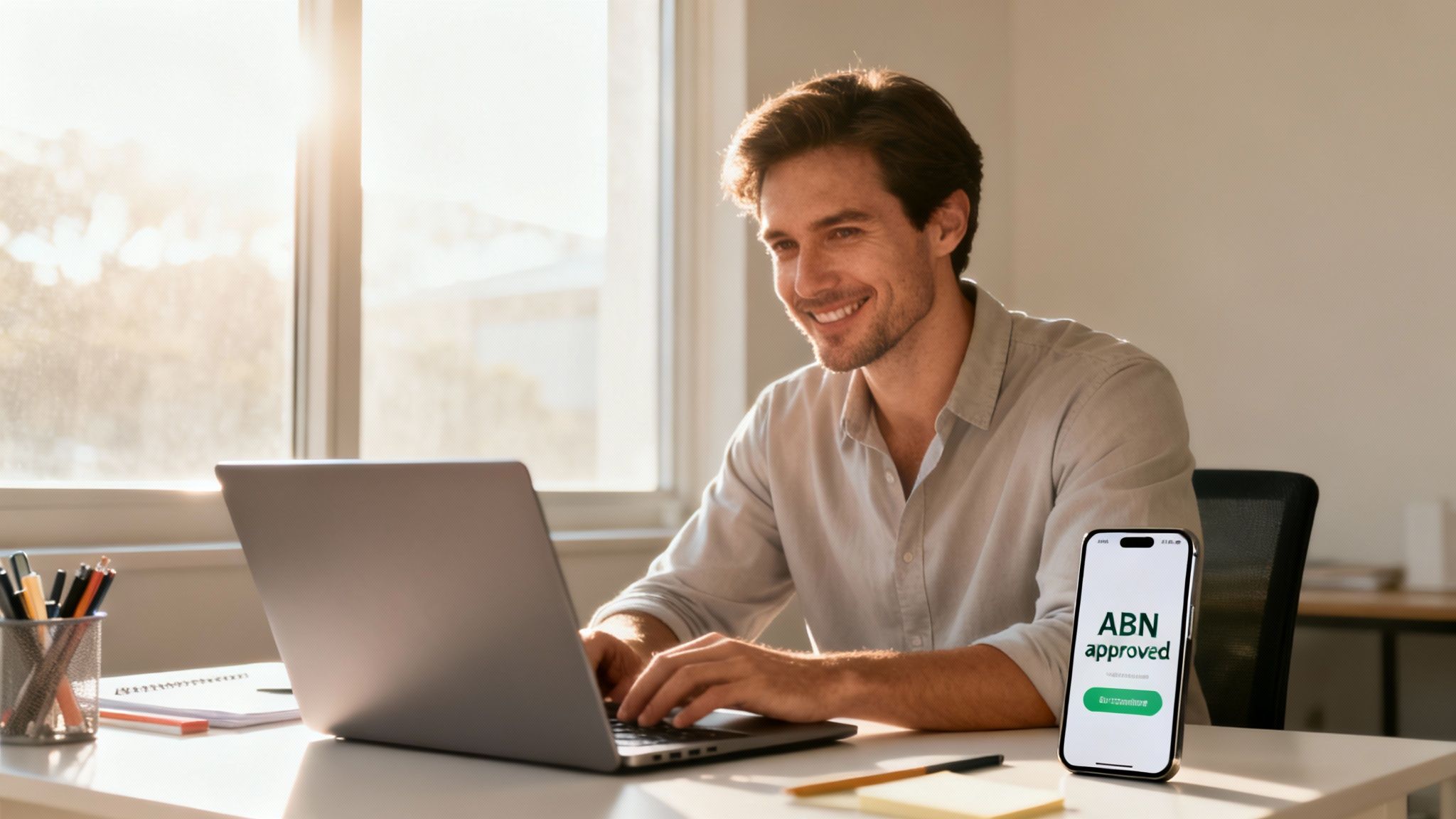 햇살이 비치는 사무실에서 노트북을 사용하는 행복한 남성과 &#39;ABN 승인&#39; 메시지가 표시된 스마트폰.