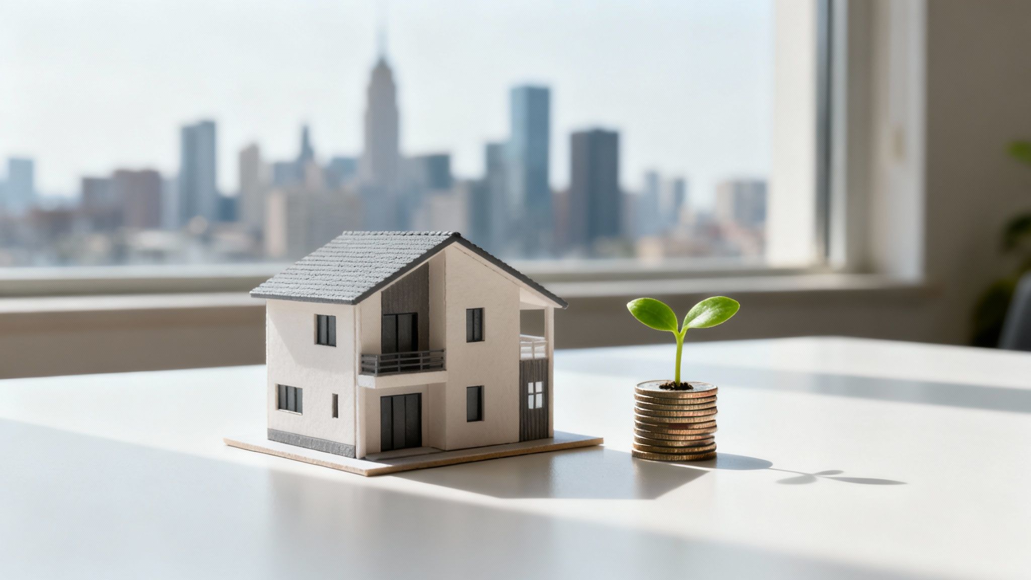 A miniature house model next to a stack of coins with a growing plant, symbolizing real estate investment.