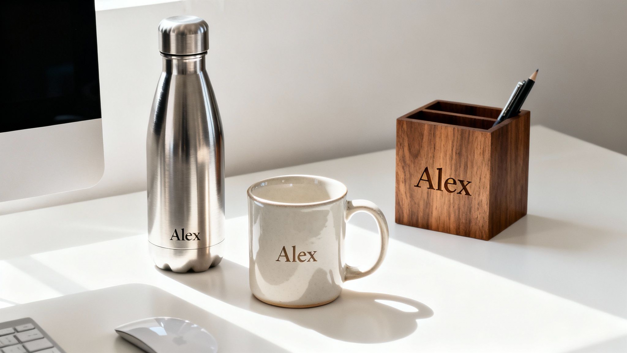 A bright workspace featuring personalized items: a silver water bottle, a ceramic mug, and a wooden pen holder, all bearing the name 'Alex'.