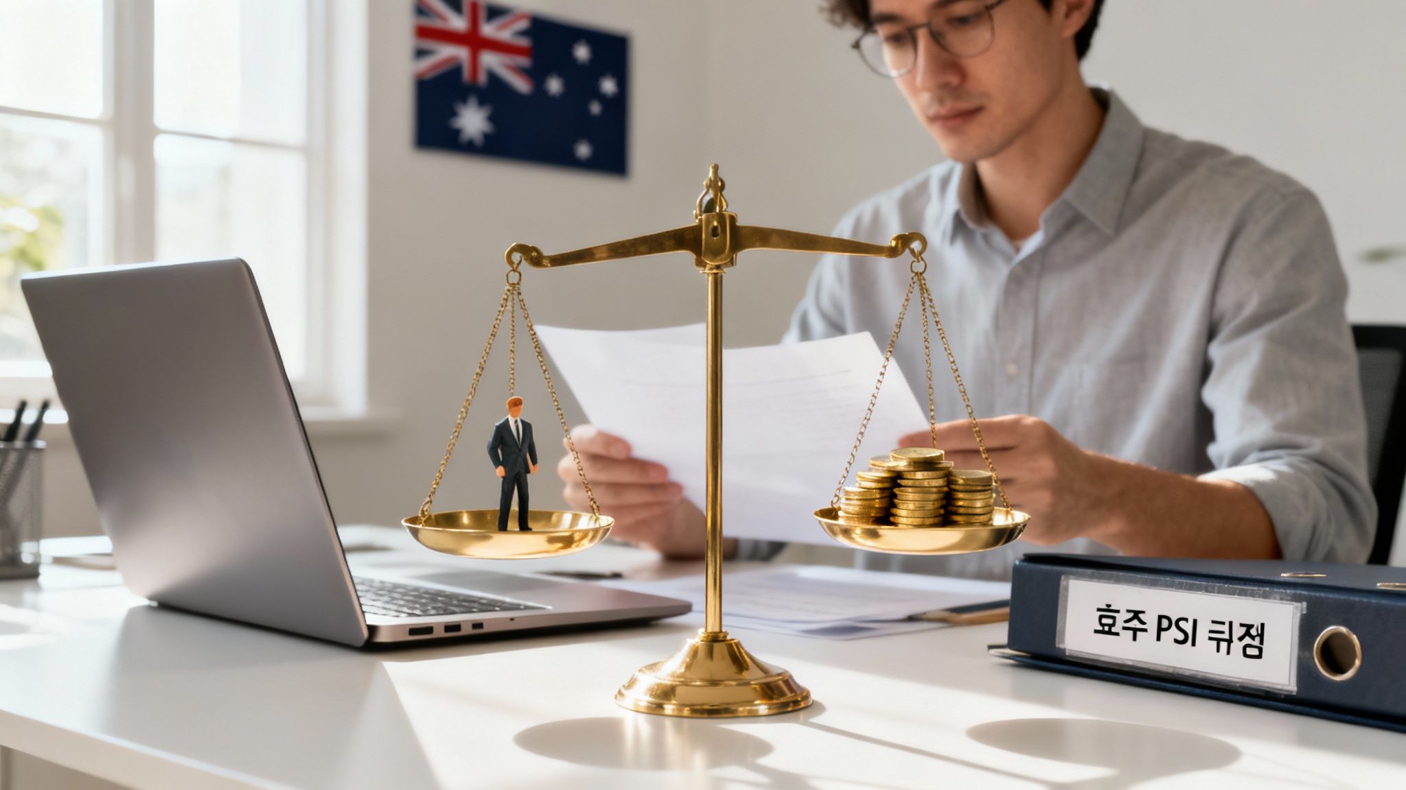 호주 개인 서비스 소득(PSI) 규정을 설명하는 장면으로, 노트북과 저울, 계약 서류가 놓인 책상에서 세무 판단을 하는 모습