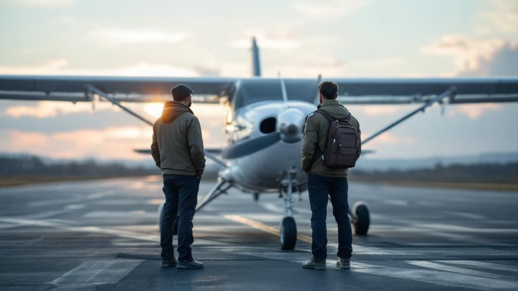 Two aspiring pilots standing on an airstrip in front of a small training aircraft at dawn.