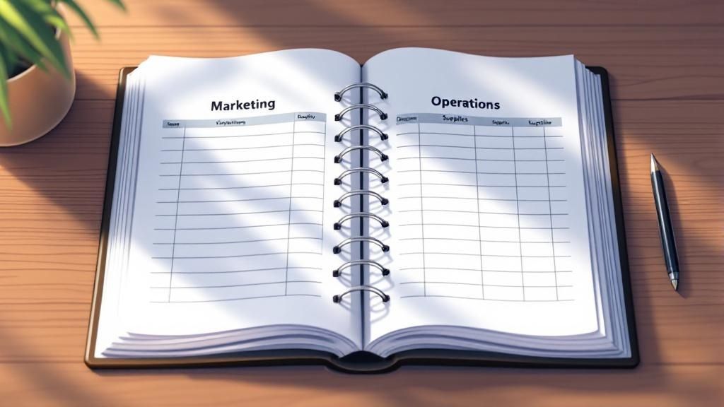 Open spiral notebook with 'Marketing' and 'Operations' expense categories listed in columns, symbolising business expense tracking.