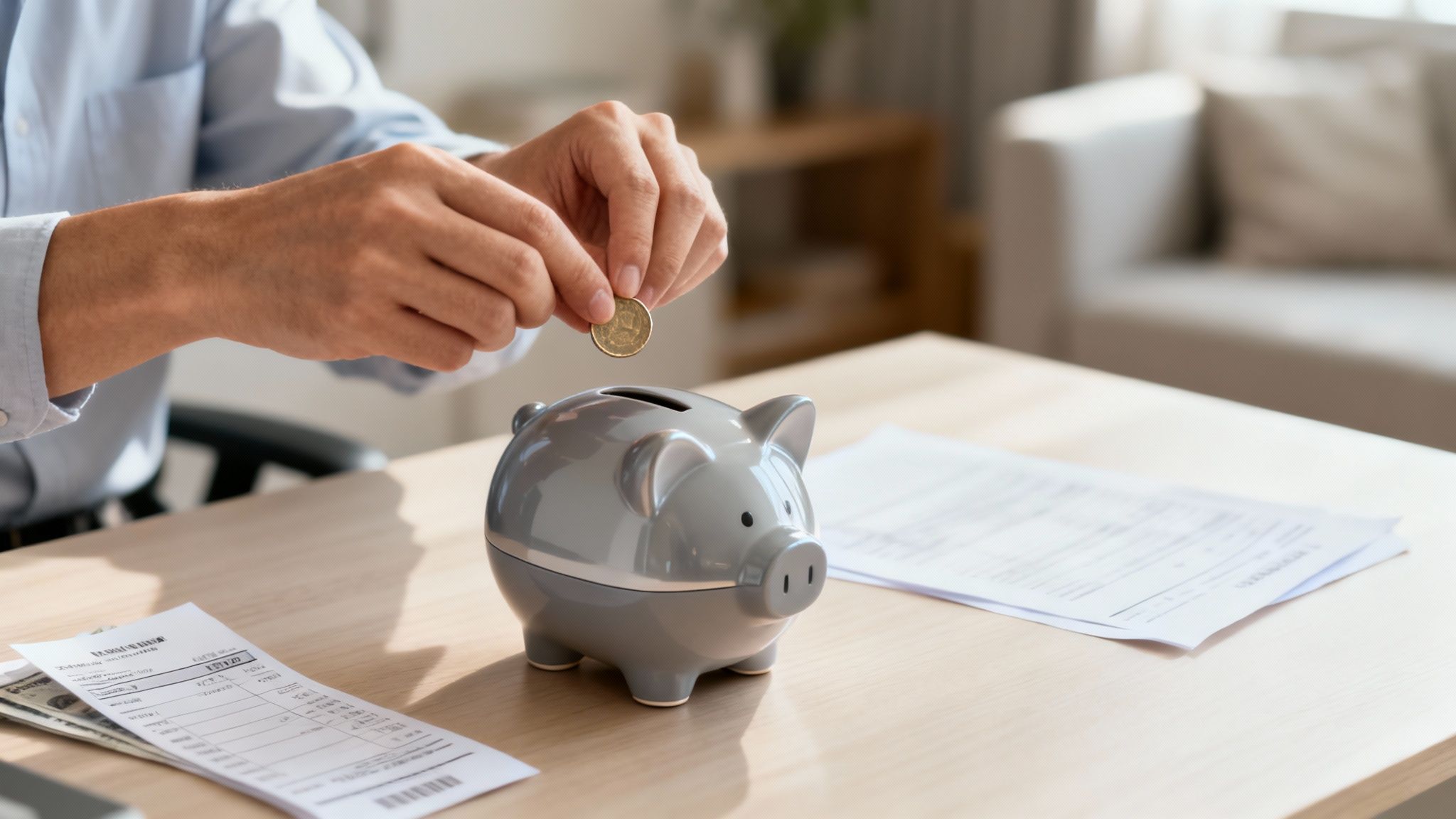 한 남자가 회색 돼지 저금통에 동전을 넣고 있다. 저축과 재무 계획을 나타내는 장면.