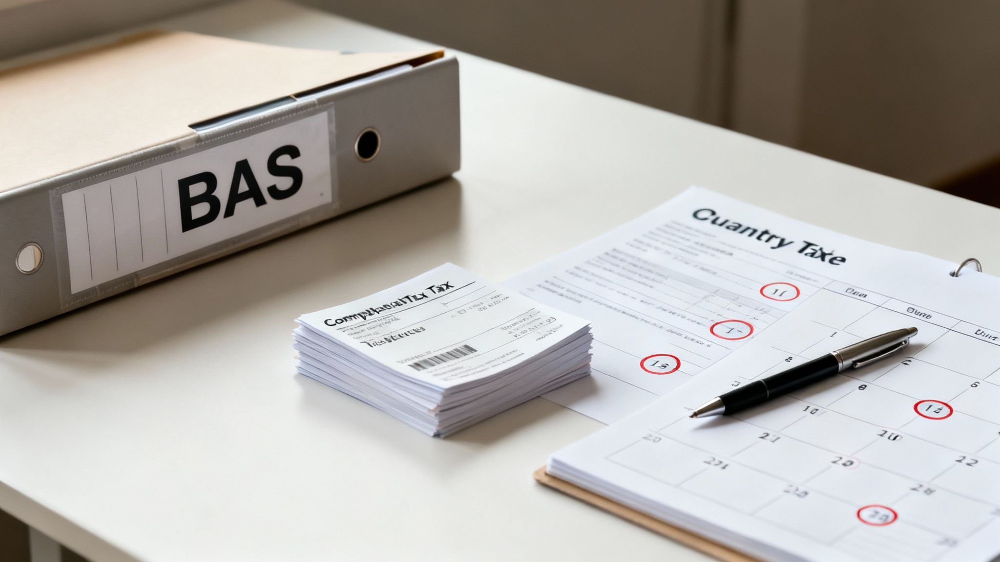 Desk setup with BAS binder, tax documents, a calendar marking important tax dates, and a pen.