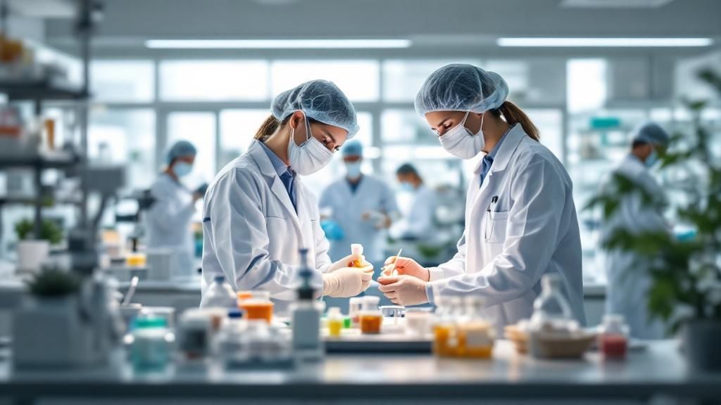 Two medical researchers working with lab samples in a modern laboratory setting