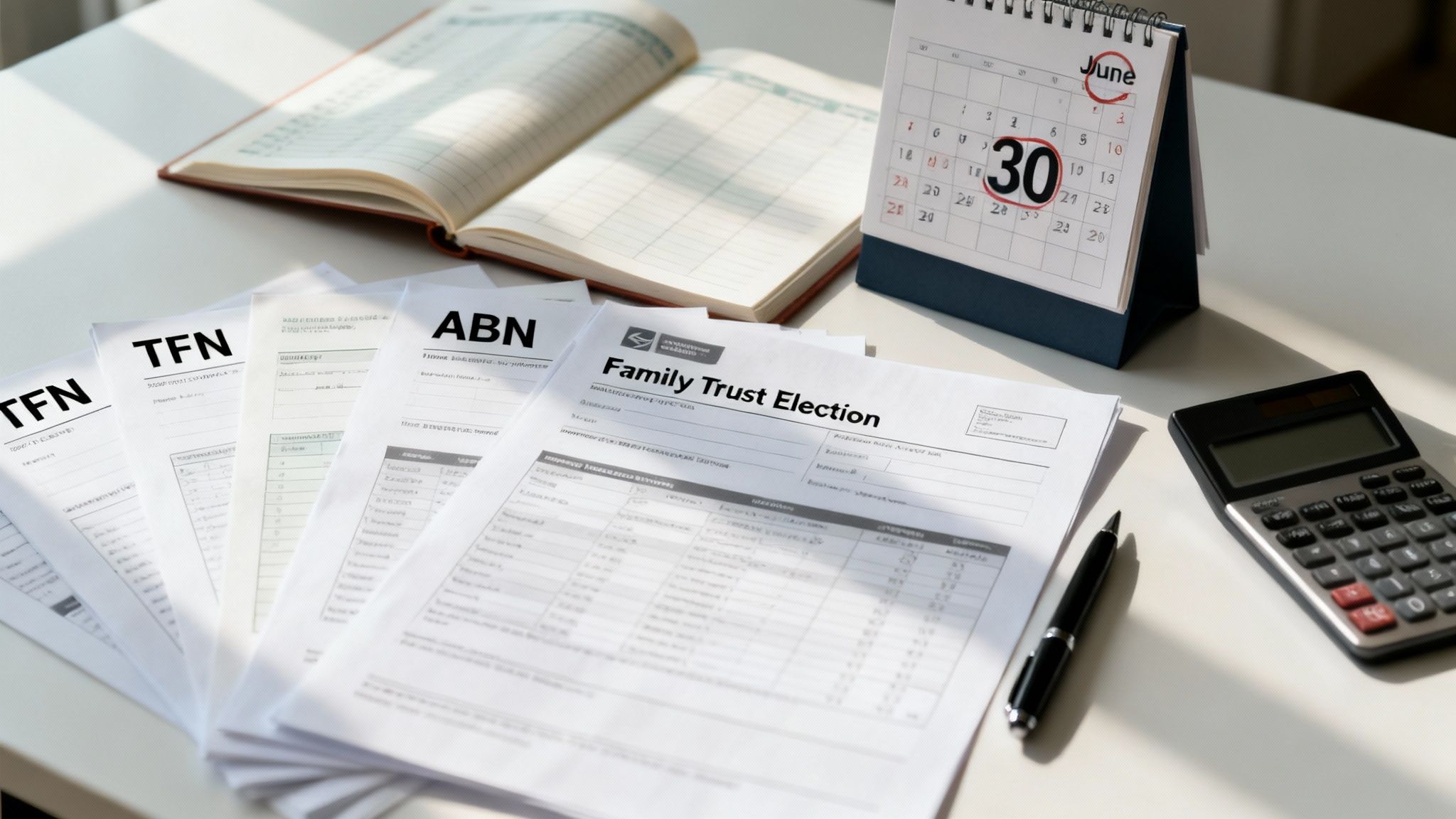 Desk with Australian tax forms (TFN, ABN, Family Trust Election), calendar marked June 30, and calculator.